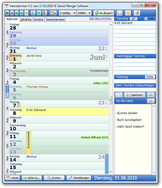Screenshot vom Programm: Kalenderchen